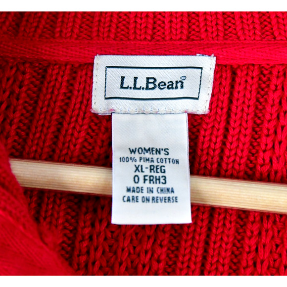 LL Bean Cardigan Womens XL Red Button Up Turtleneck Cable Knit Sweater Pima - Picture 2 of 8
